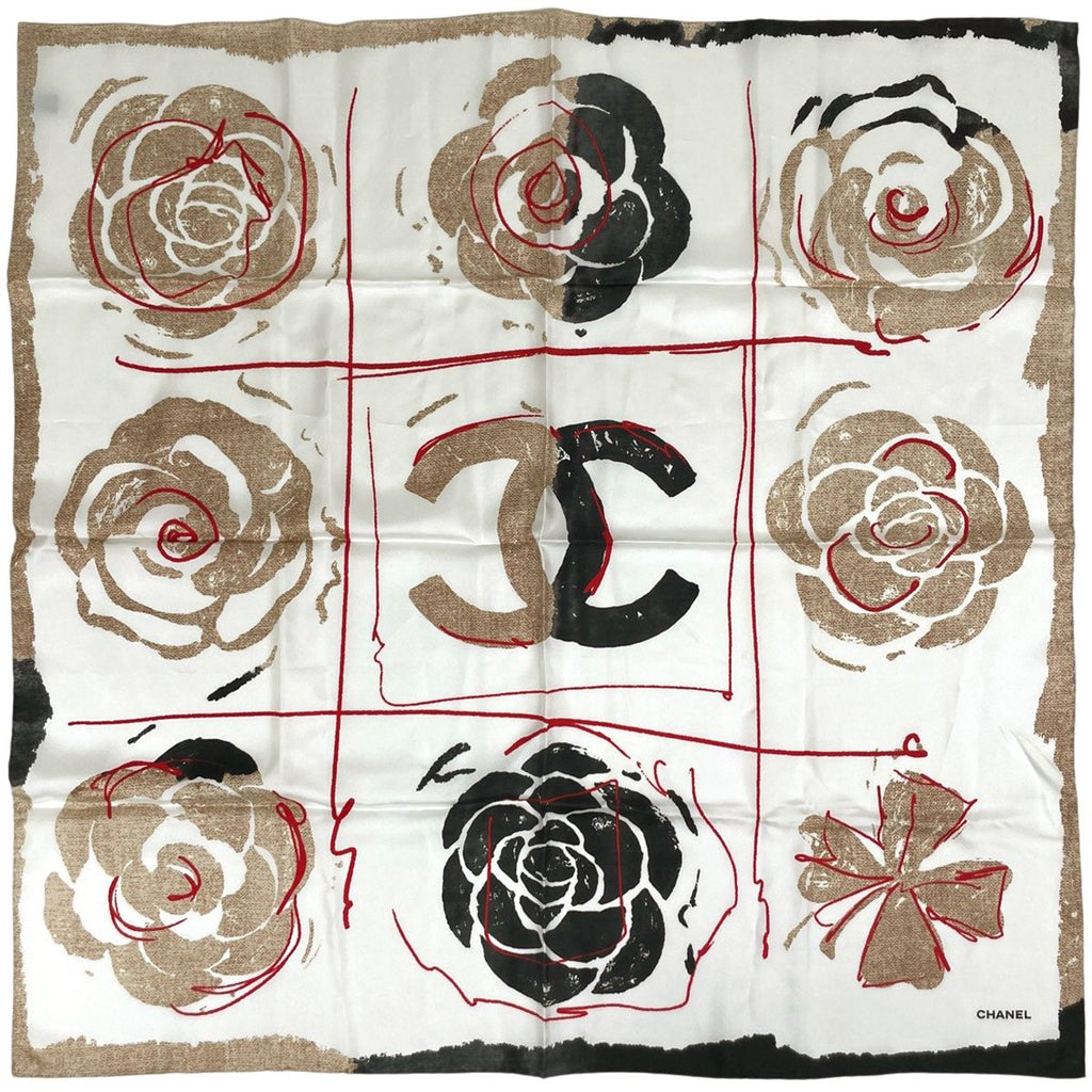Chanel Scarf CC Logo Camellia Silk Beige Black