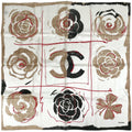 Chanel Scarf CC Logo Camellia Silk Beige Black