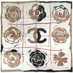 Chanel Scarf CC Logo Camellia Silk Beige Black