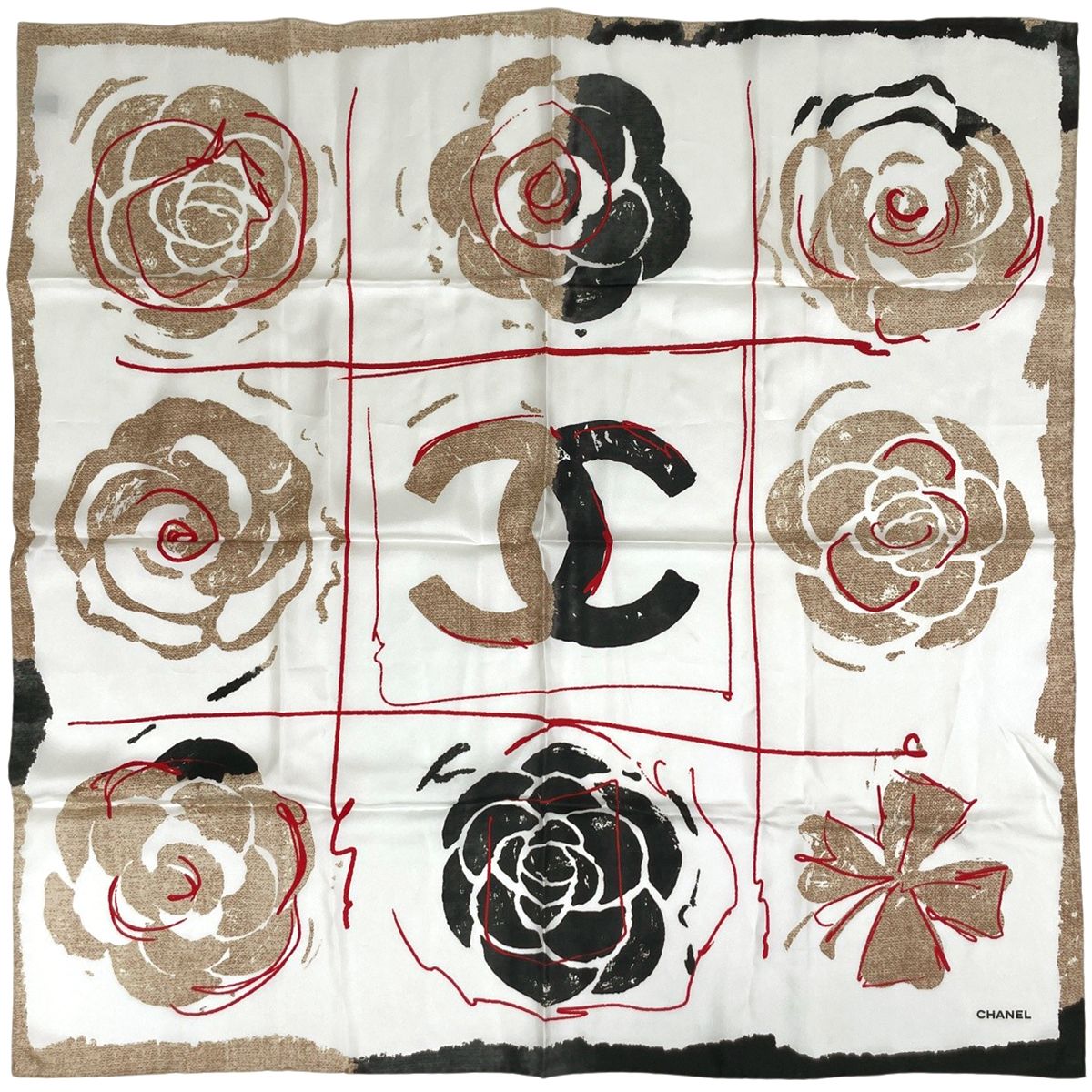 Chanel Scarf CC Logo Camellia Silk Beige Black