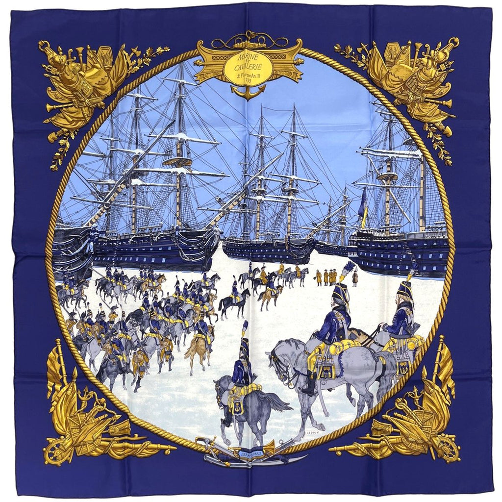 Hermes Carre 90 Marine Et Cavalerie Scarf Sea and Cavalry Silk Navy Multicolor