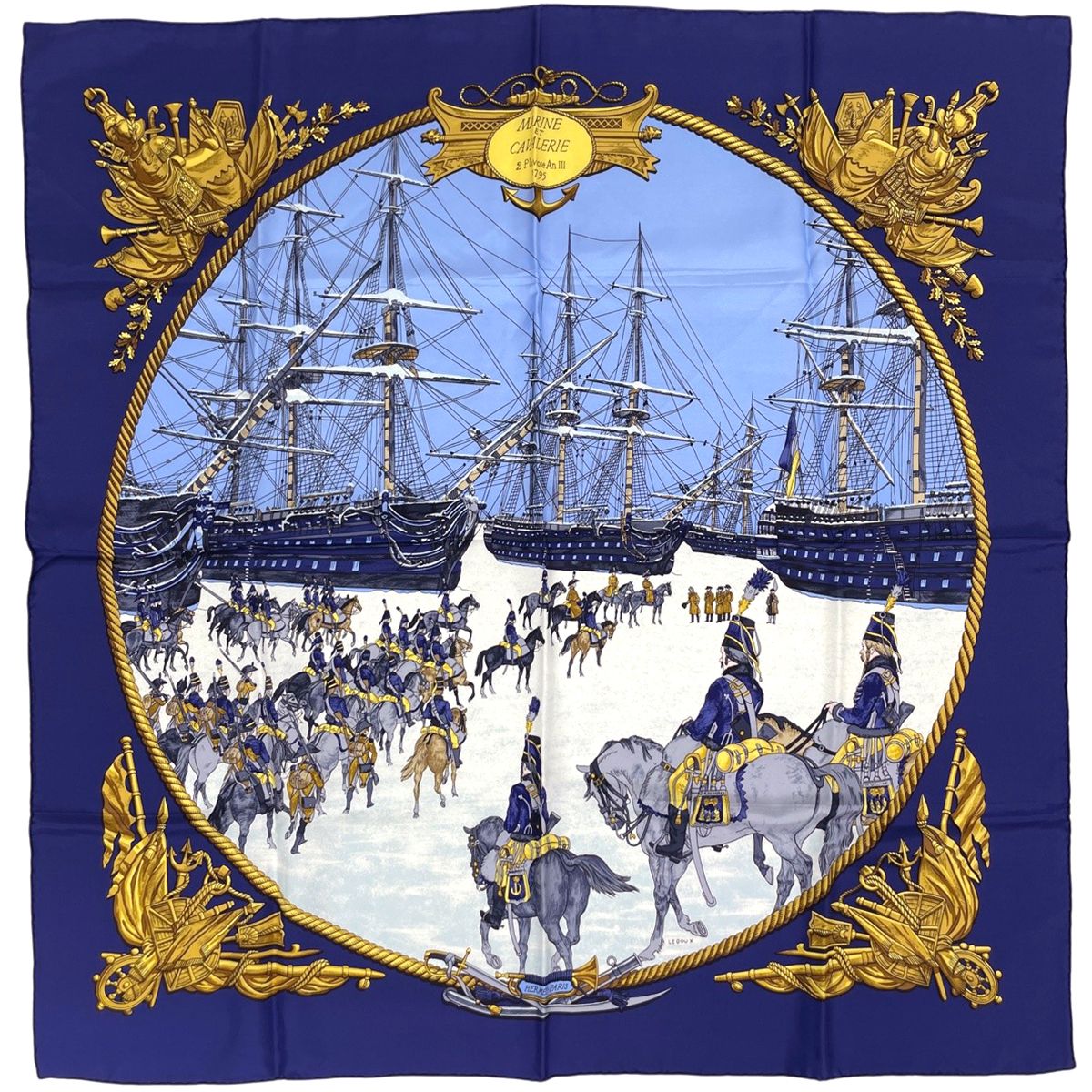 Hermes Carre 90 Marine Et Cavalerie Scarf Sea and Cavalry Silk Navy Multicolor