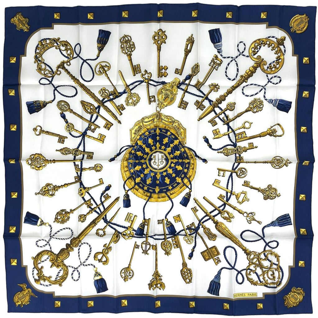 Hermes Carre 90 Key Pattern Scarf Silk Navy
