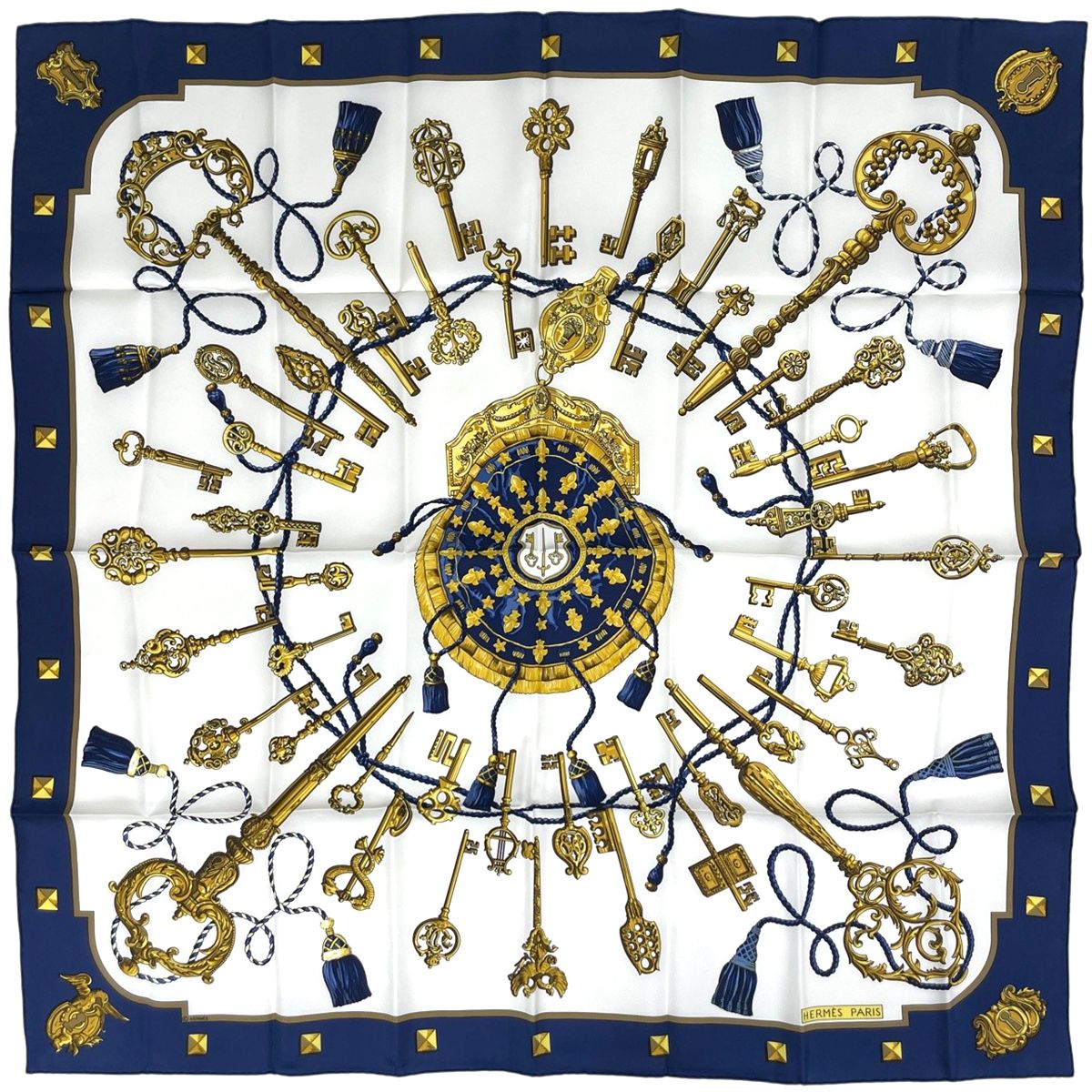 Hermes Carre 90 Key Pattern Scarf Silk Navy