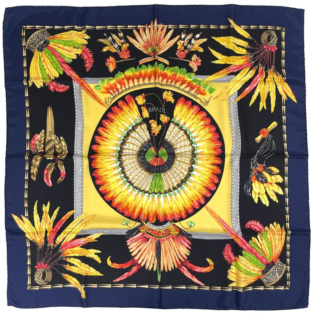 Hermes Carre 90 Brazil Detail Scarf Silk Navy Black Multicolor