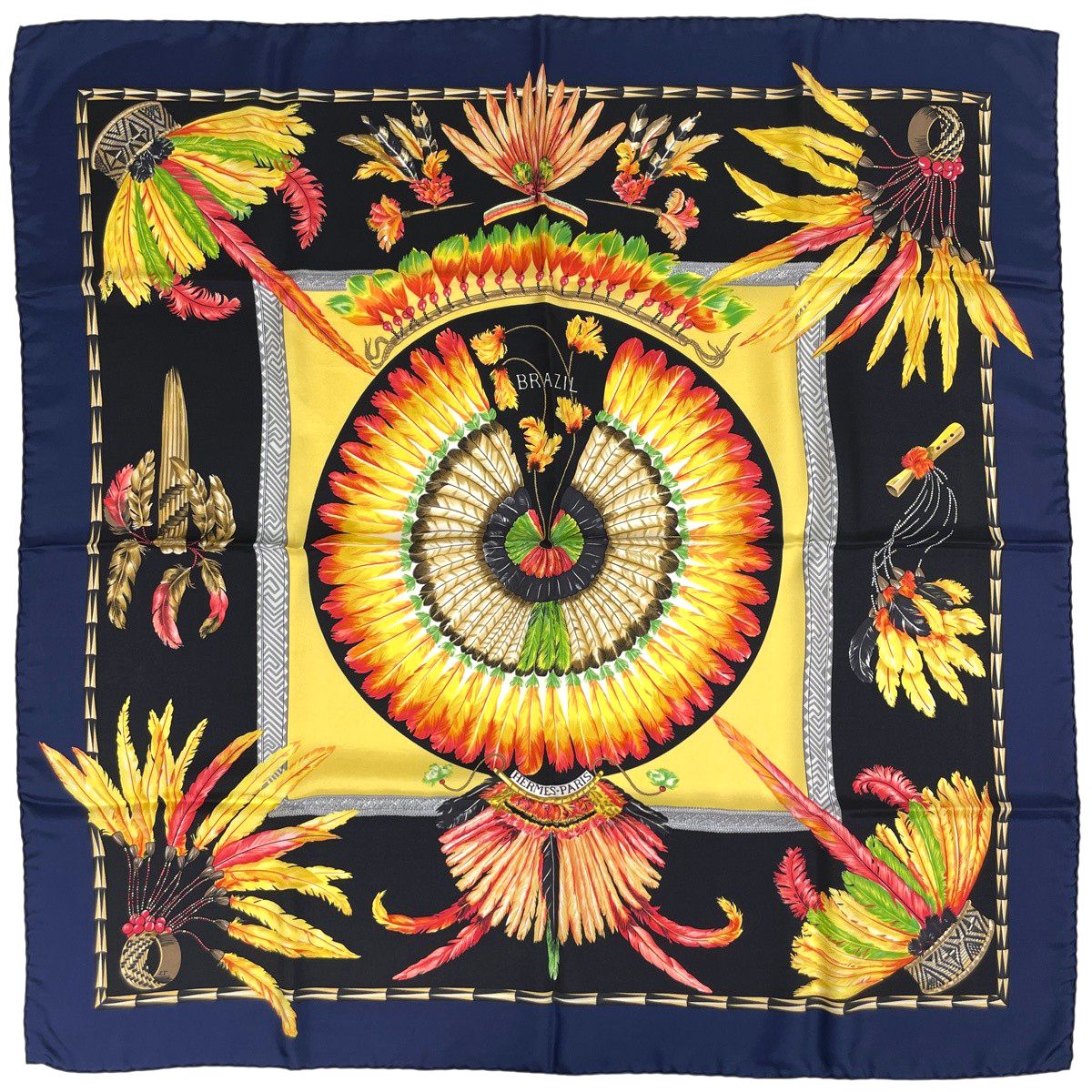 Hermes Carre 90 Brazil Detail Scarf Silk Navy Black Multicolor