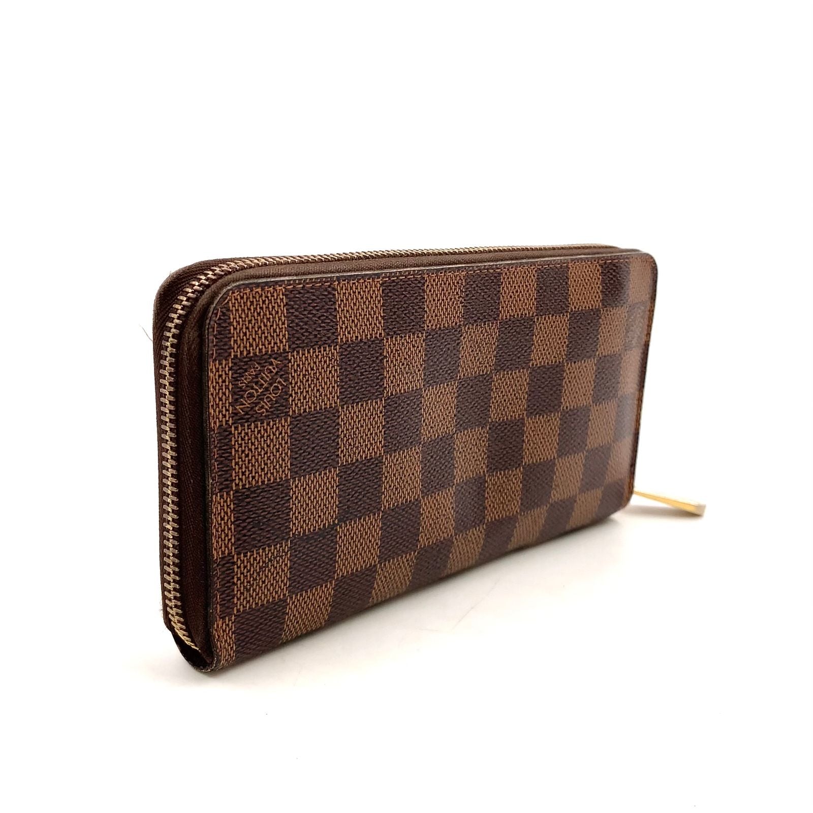 Louis Vuitton Zippy Wallet Damier Ebene Leather Brown Round Gold