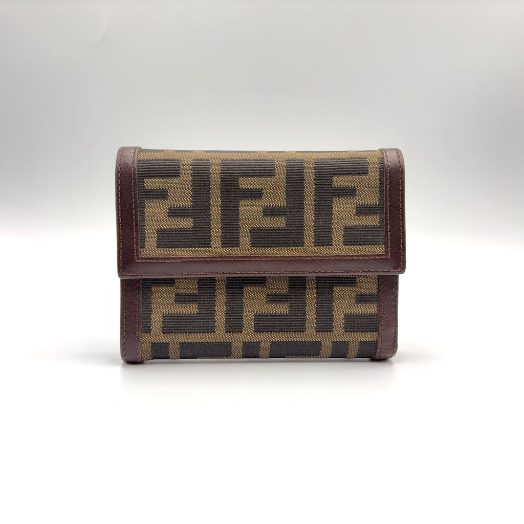 Fendi Zucca Pattern Leather Canvas Khaki Brown Dark Trifold Wallet Silver