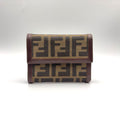 Fendi Zucca Pattern Leather Canvas Khaki Brown Dark Trifold Wallet Silver