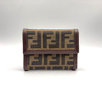 Fendi Zucca Pattern Leather Canvas Khaki Brown Dark Trifold Wallet Silver