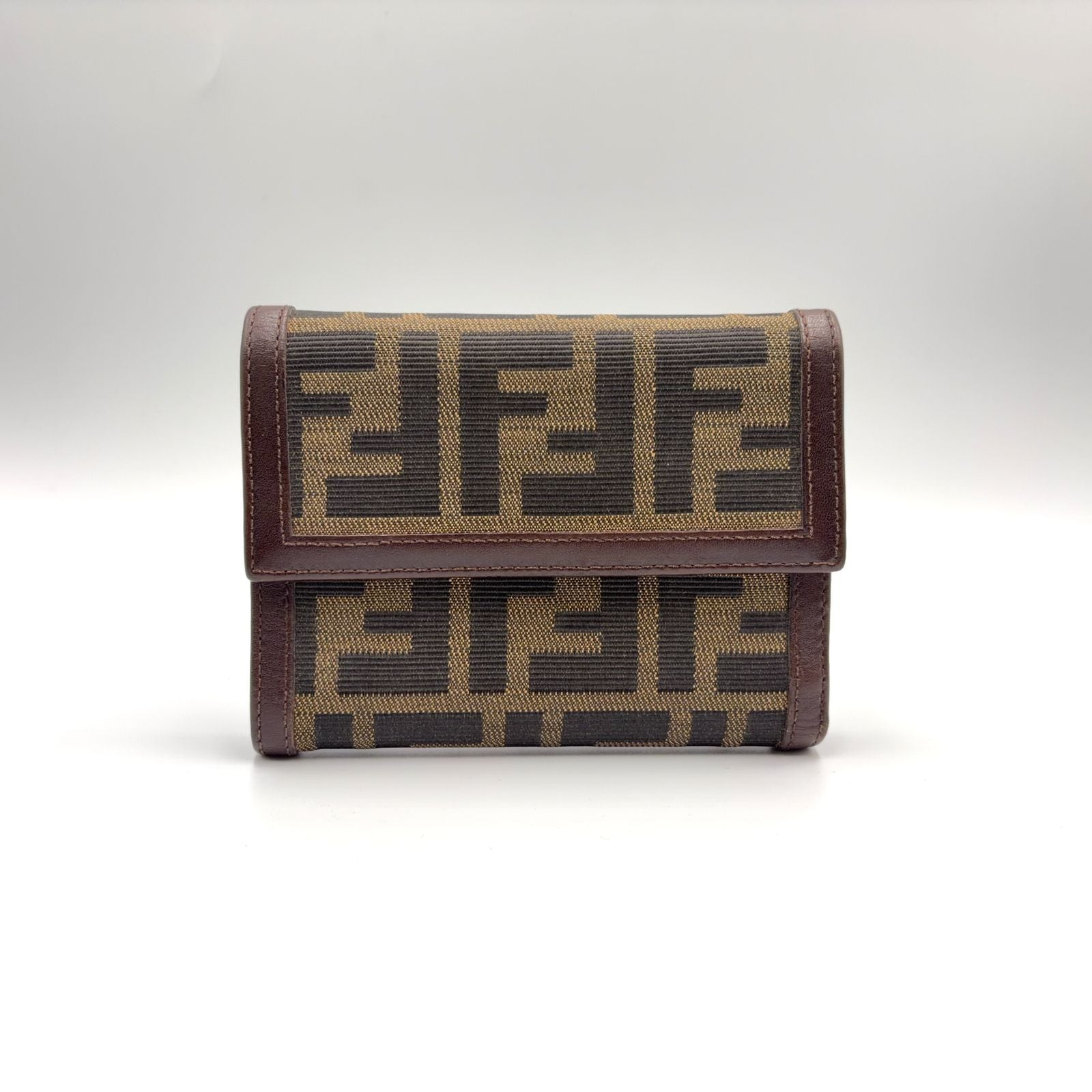 Fendi Zucca Pattern Leather Canvas Khaki Brown Dark Trifold Wallet Silver