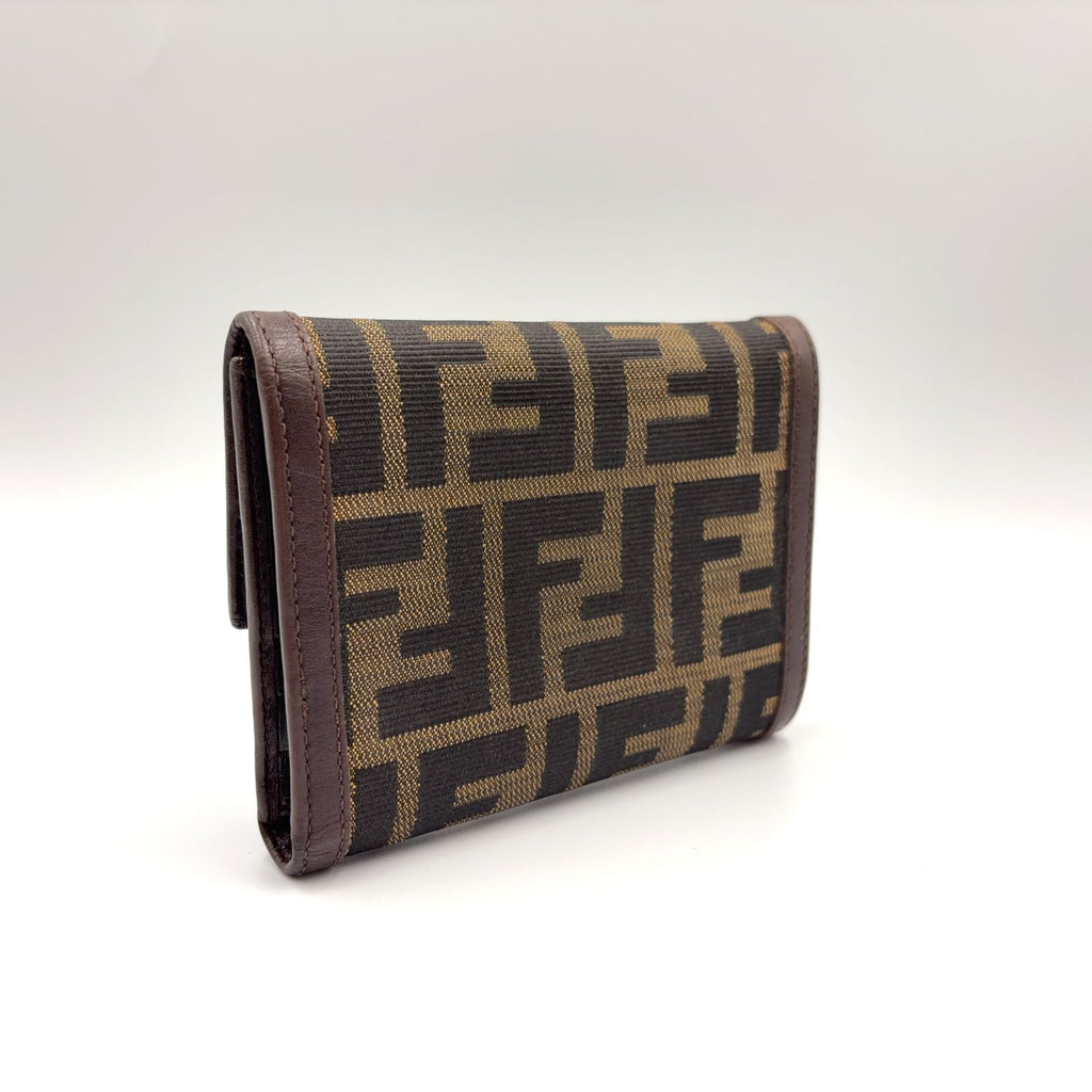 Fendi Zucca Pattern Leather Canvas Khaki Brown Dark Trifold Wallet Silver