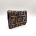 Fendi Zucca Pattern Leather Canvas Khaki Brown Dark Trifold Wallet Silver