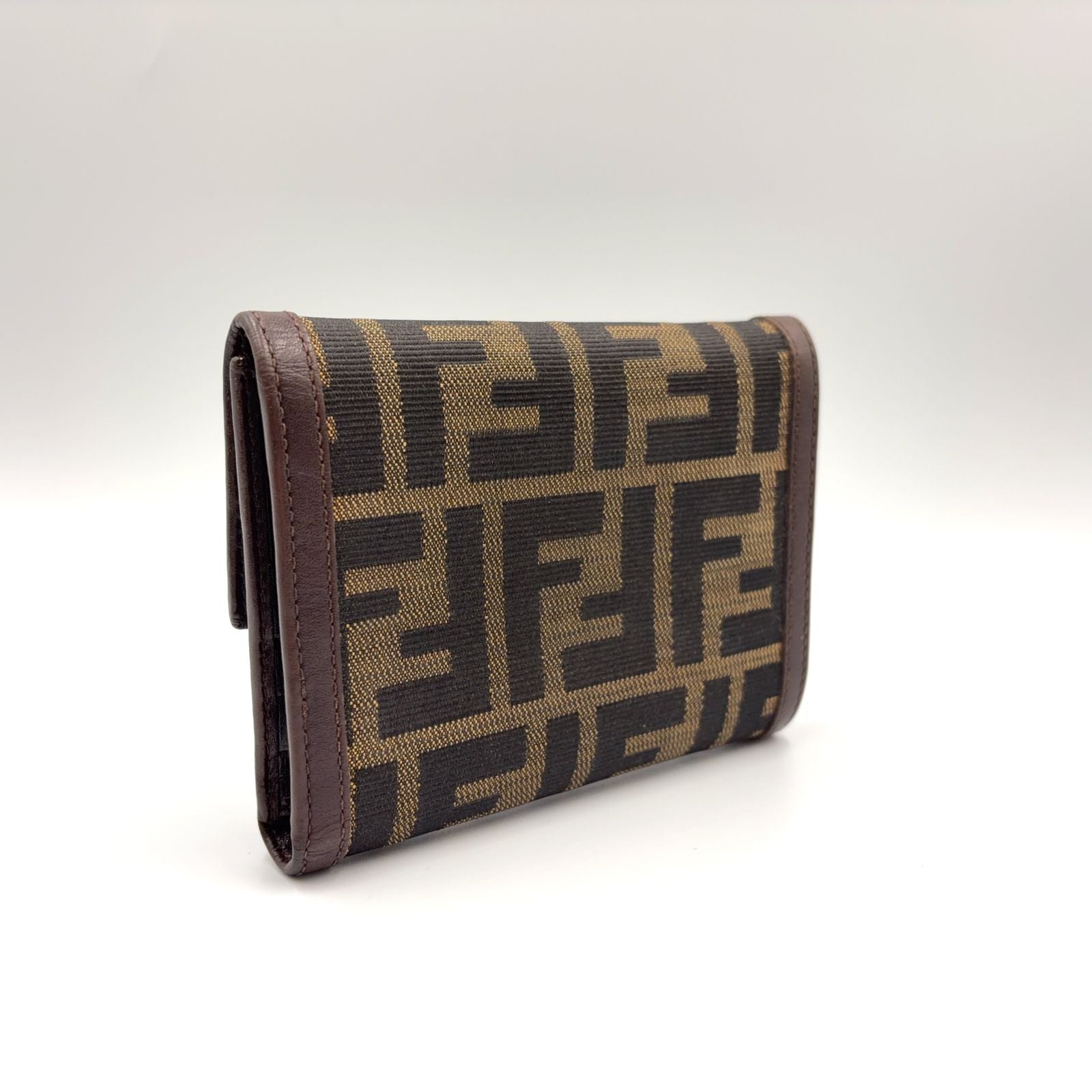 Fendi Zucca Pattern Leather Canvas Khaki Brown Dark Trifold Wallet Silver