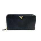 Prada Saffiano Zip Around Leather Black Wallet Gold