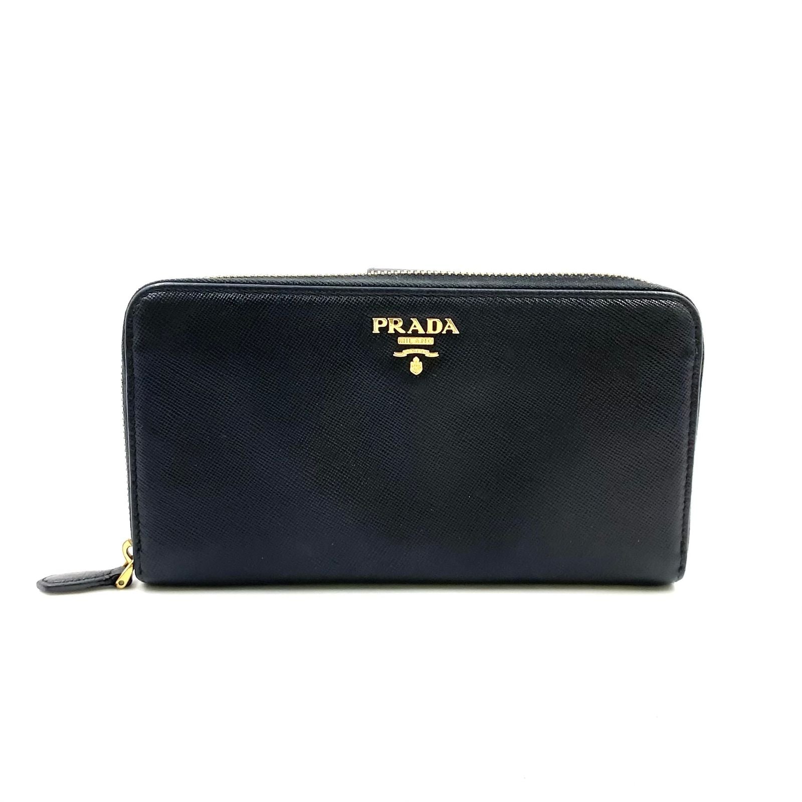 Prada Saffiano Zip Around Leather Black Wallet Gold