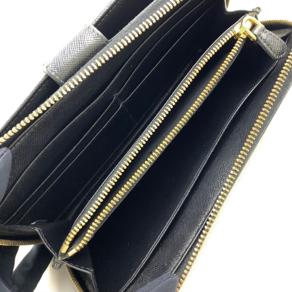 Prada Saffiano Zip Around Leather Black Wallet Gold