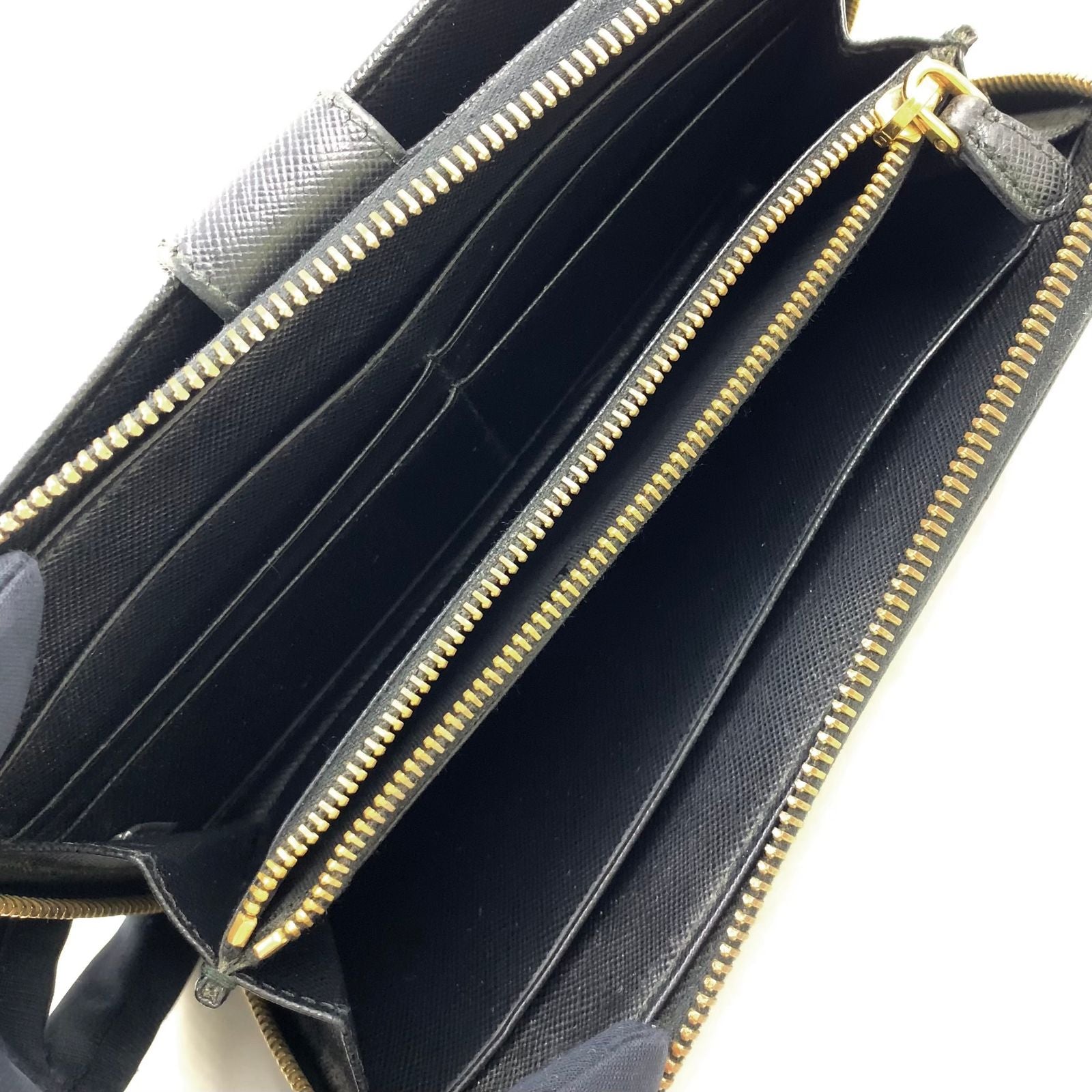 Prada Saffiano Zip Around Leather Black Wallet Gold