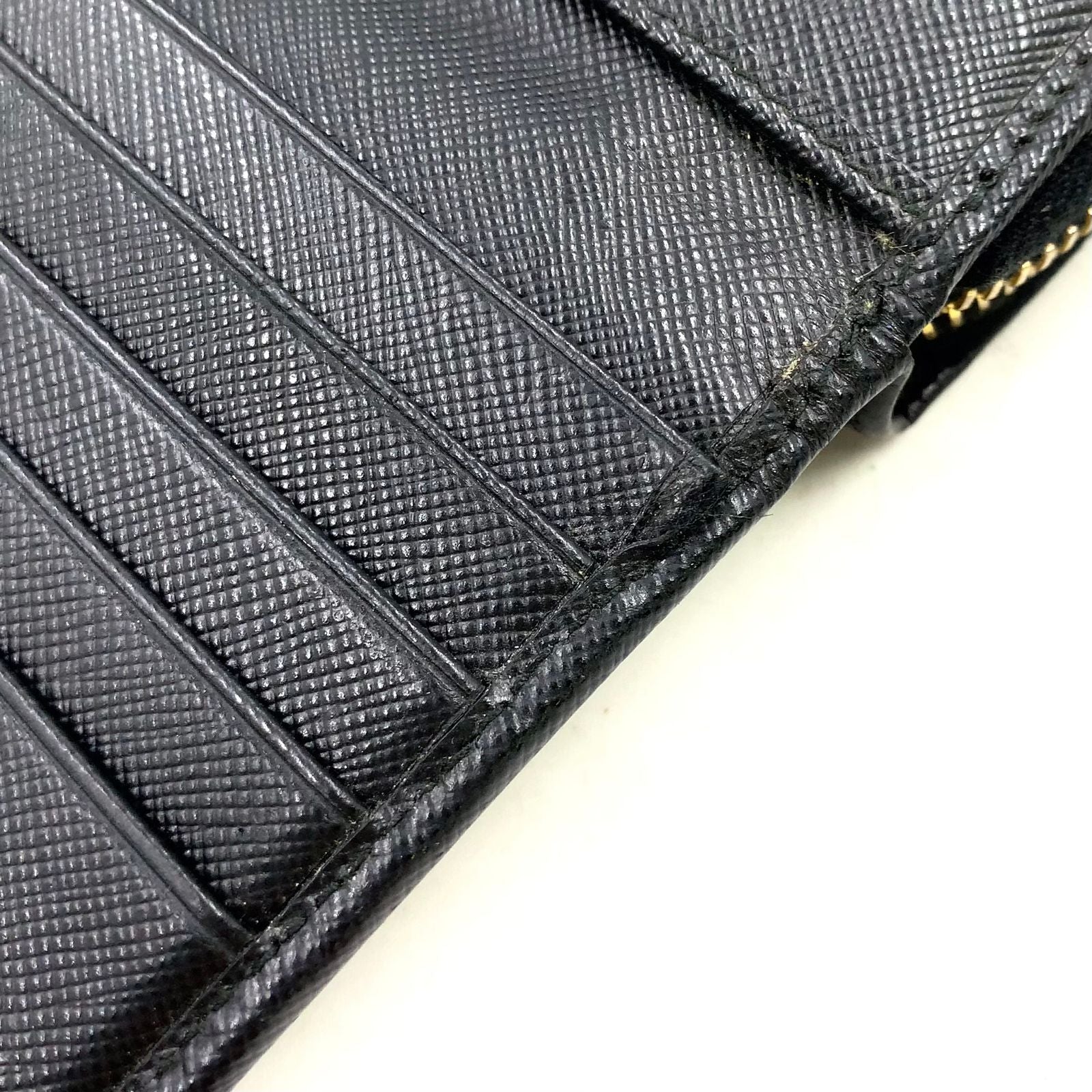 Prada Saffiano Zip Around Leather Black Wallet Gold