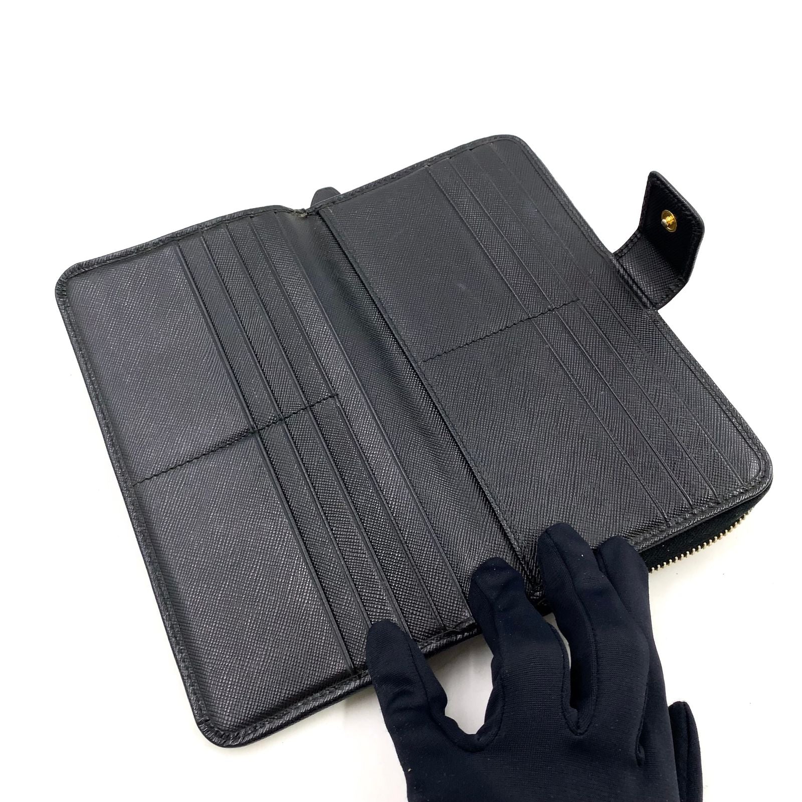Prada Saffiano Zip Around Leather Black Wallet Gold