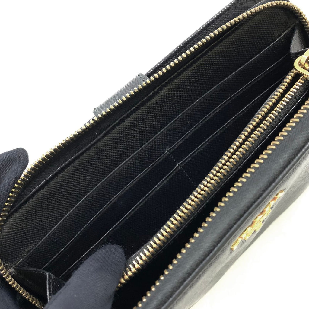 Prada Saffiano Zip Around Leather Black Wallet Gold