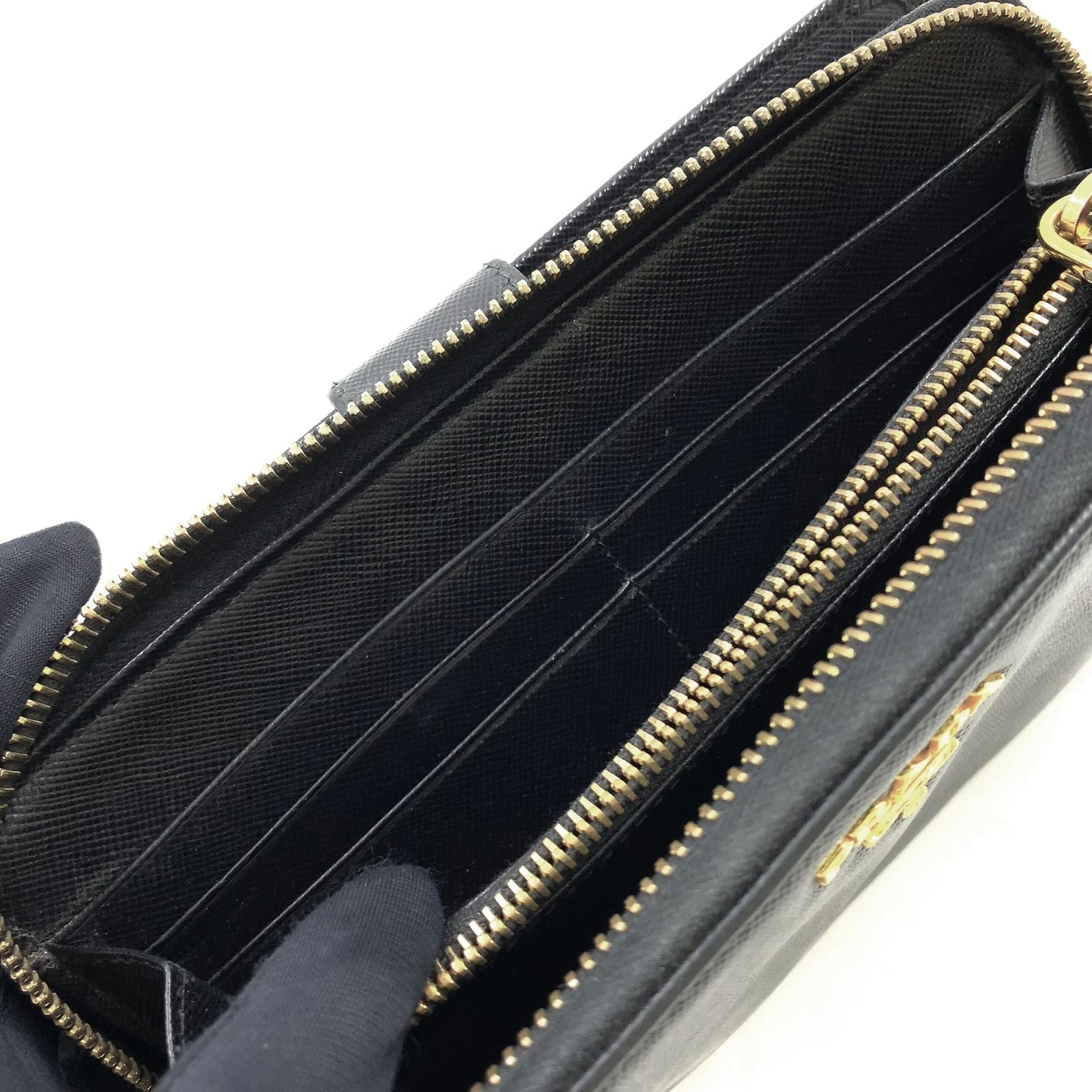Prada Saffiano Zip Around Leather Black Wallet Gold