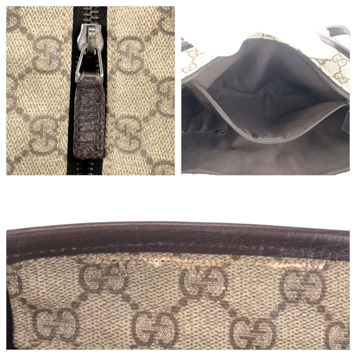 Gucci Beige Brown GG Supreme Canvas Leather Tote Shoulder Bag