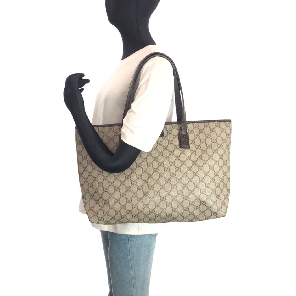 Gucci Beige Brown GG Supreme Canvas Leather Tote Shoulder Bag