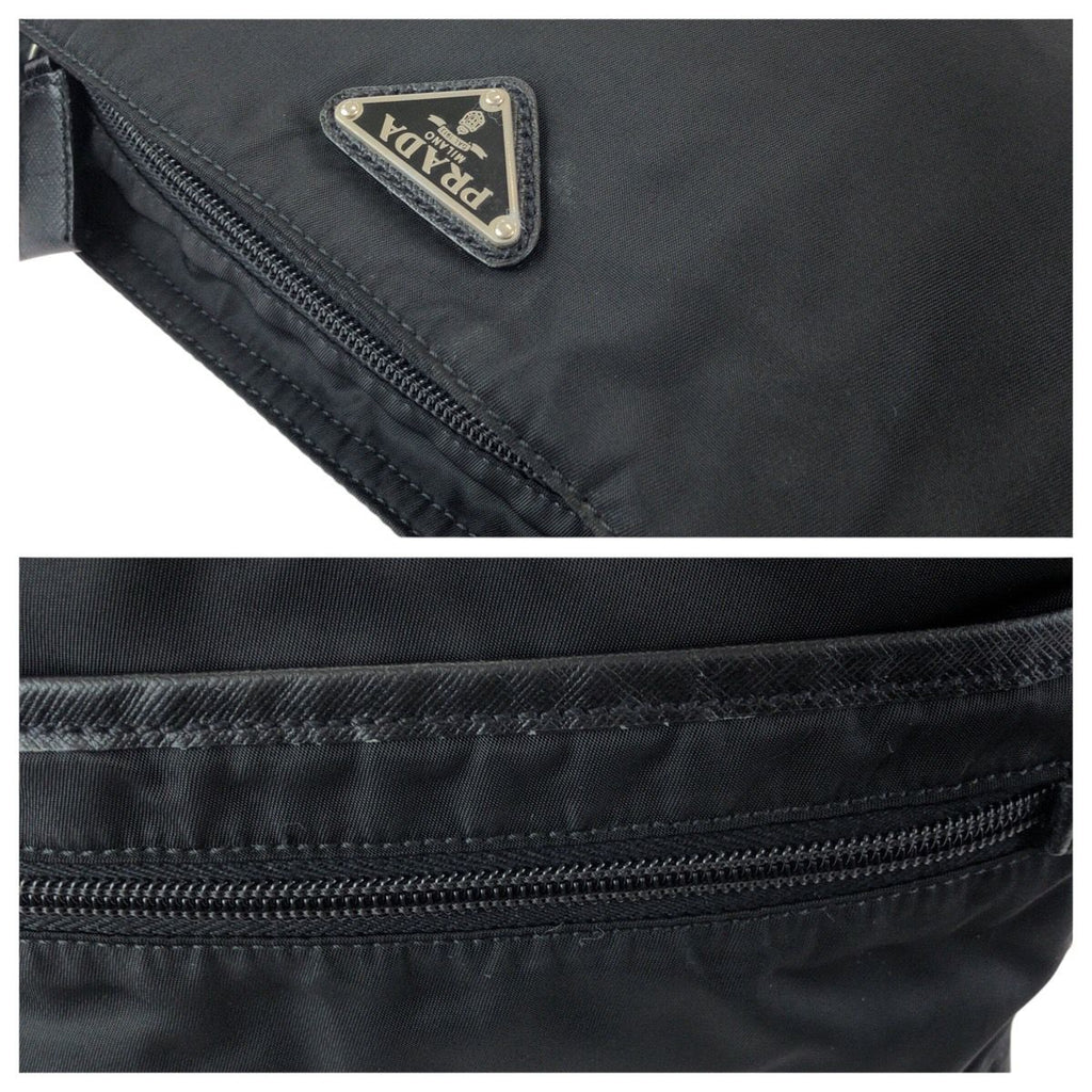 Prada Tessuto Saffiano Black Silver Nylon Leather Shoulder Bag