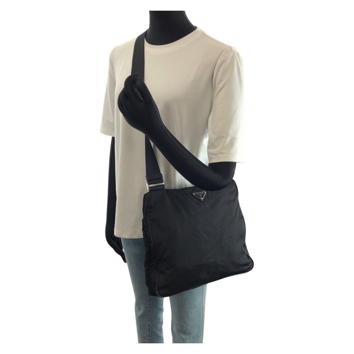 Prada Tessuto Saffiano Black Silver Nylon Leather Shoulder Bag