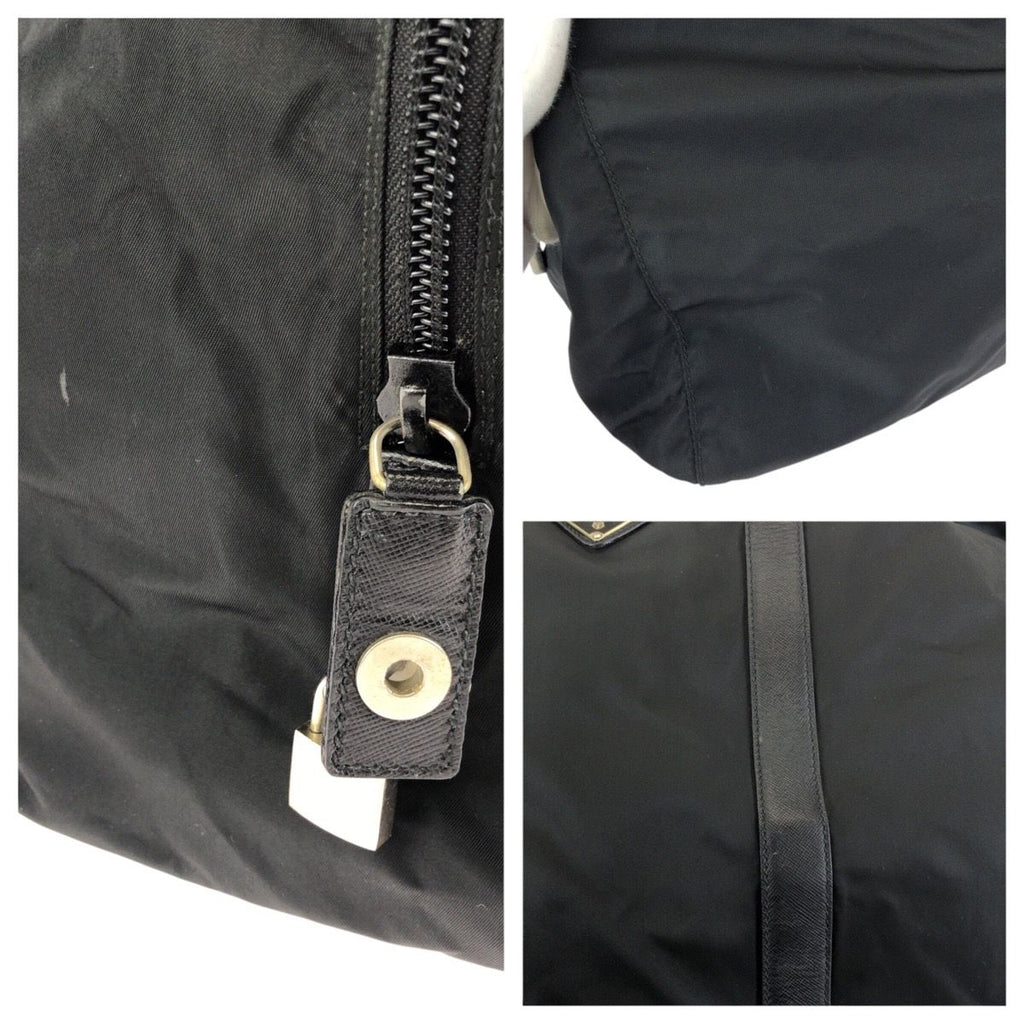 Prada Tessuto Saffiano Black Silver Nylon Leather Boston Bag