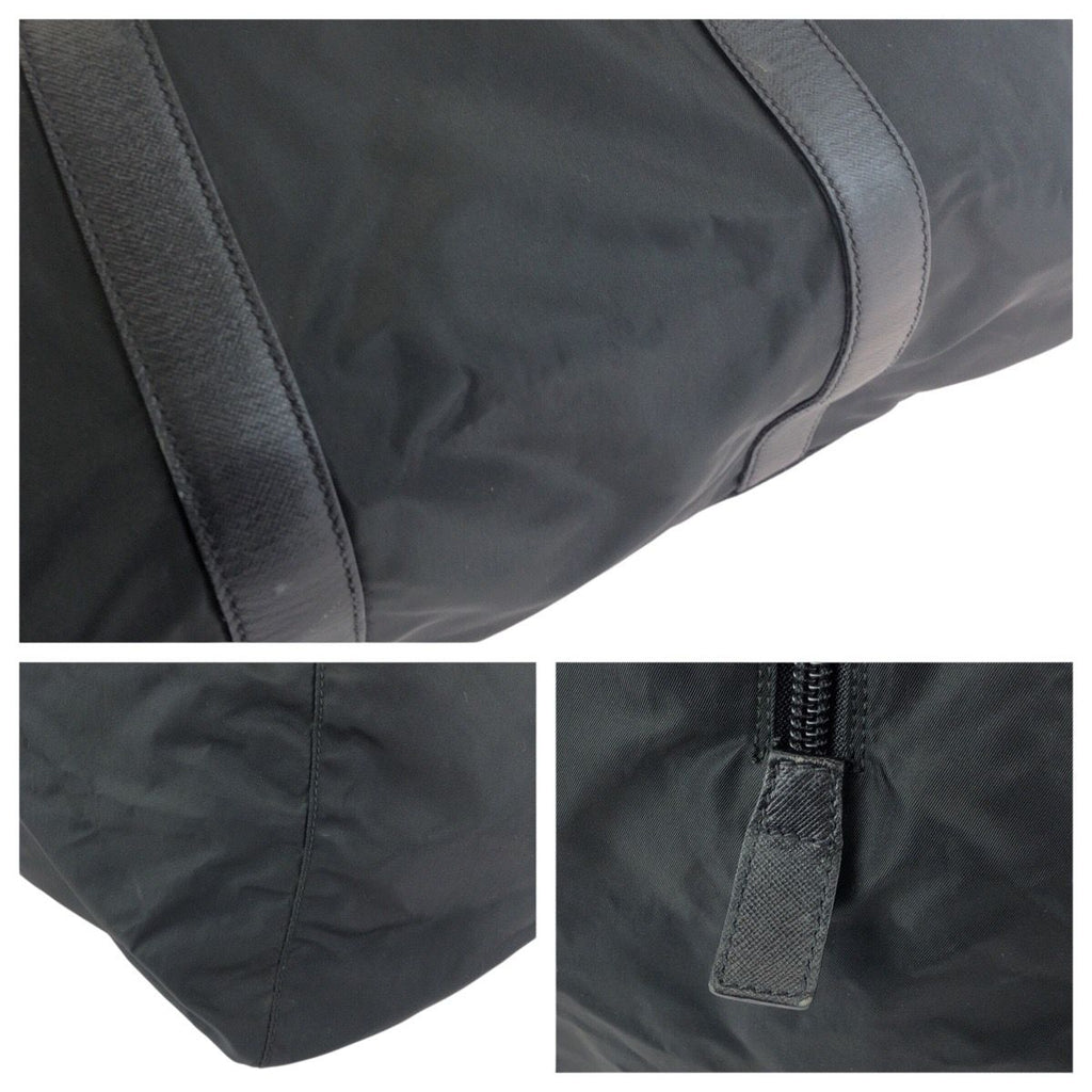 Prada Tessuto Saffiano Black Silver Nylon Leather Boston Bag