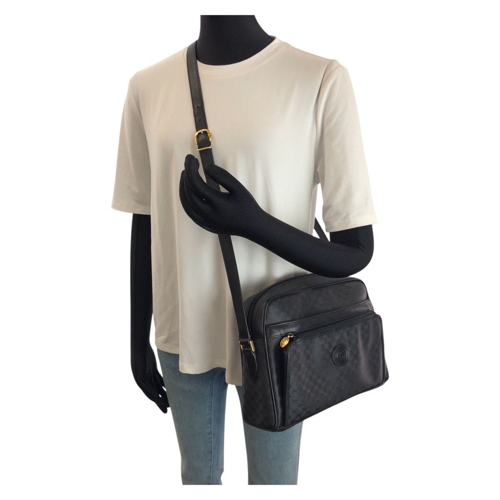 Gucci Vintage Micro GG Black Gold Leather Shoulder Bag