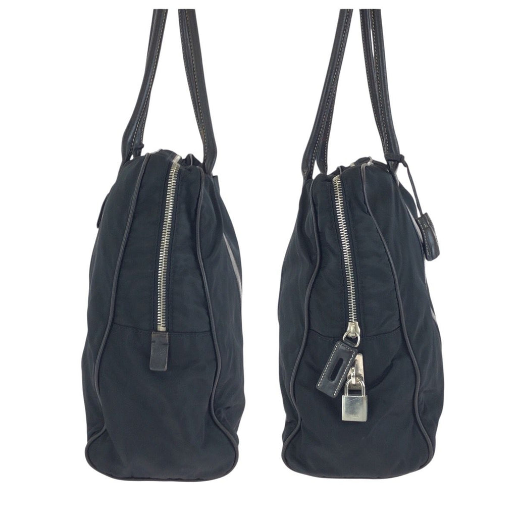 Prada Tessuto Black Silver Nylon Leather Tote Shoulder Bag