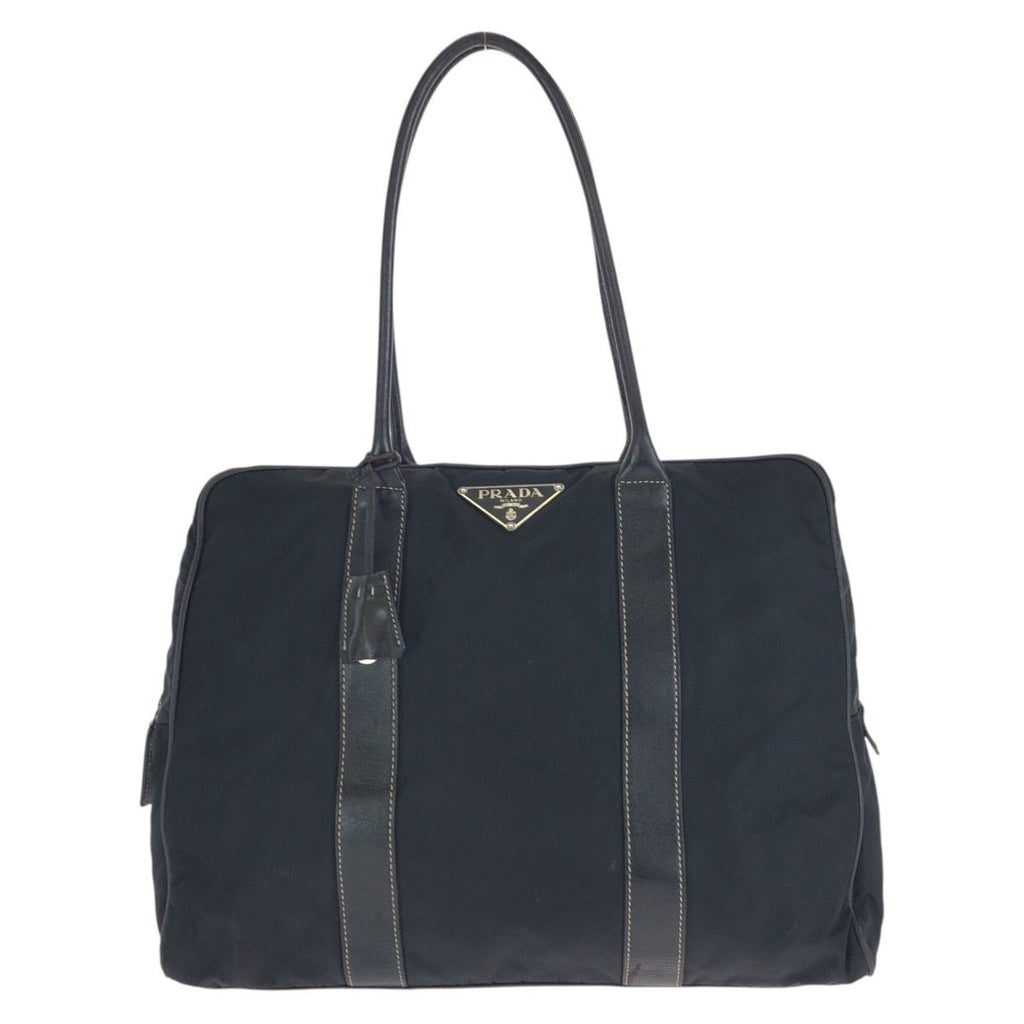 Prada Tessuto Black Silver Nylon Leather Tote Shoulder Bag