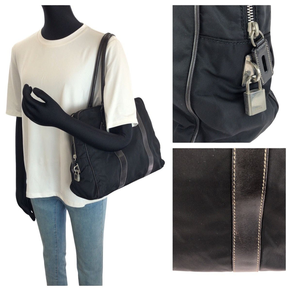 Prada Tessuto Black Silver Nylon Leather Tote Shoulder Bag