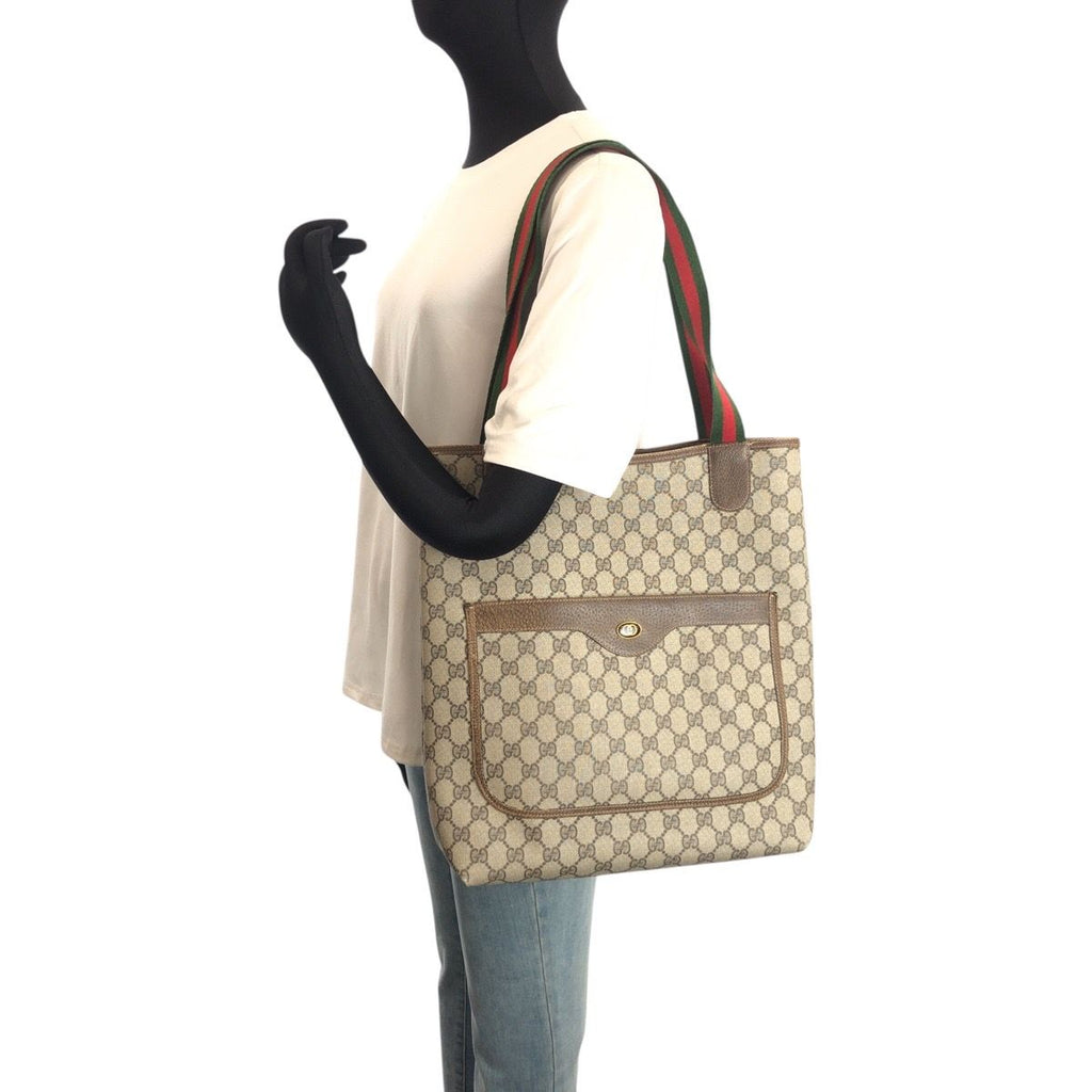 Gucci Sherry Line Beige Brown GG Supreme Canvas Leather 347 02 003 Tote Bag