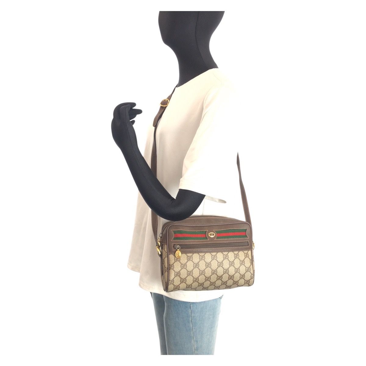 Gucci Sherry Line Brown Beige GG Supreme Canvas Leather Shoulder Bag Pochette