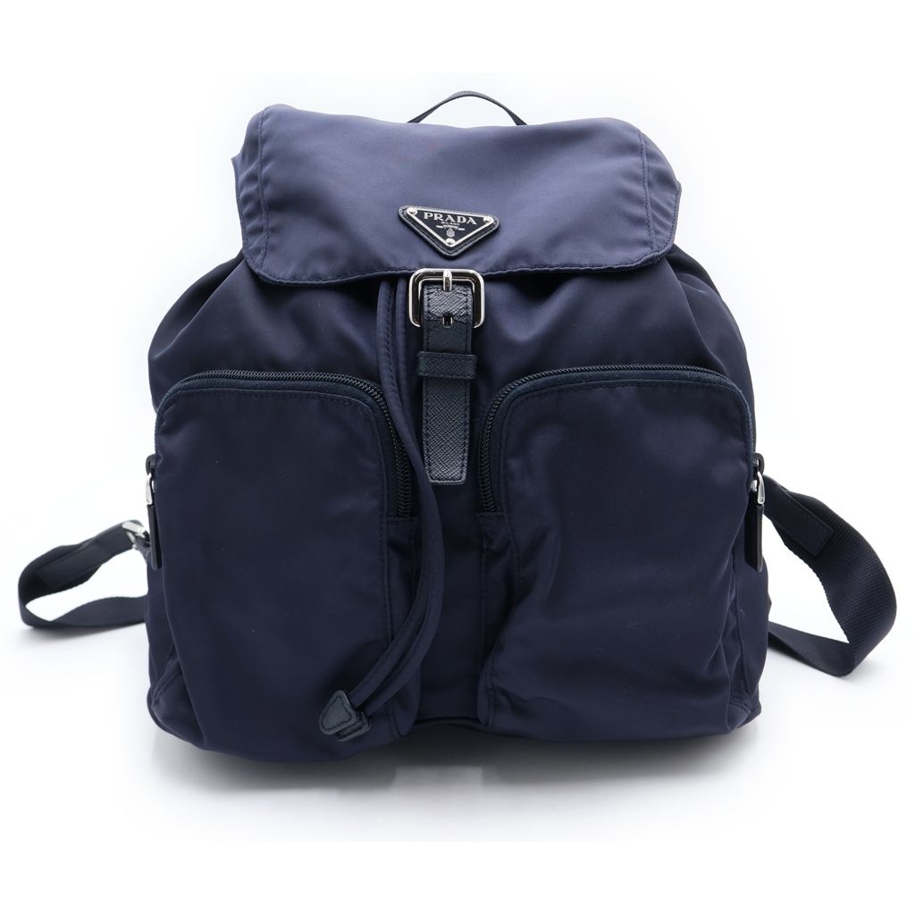 Prada Tessuto Nylon Logo Triangle Plate Backpack Navy Silver