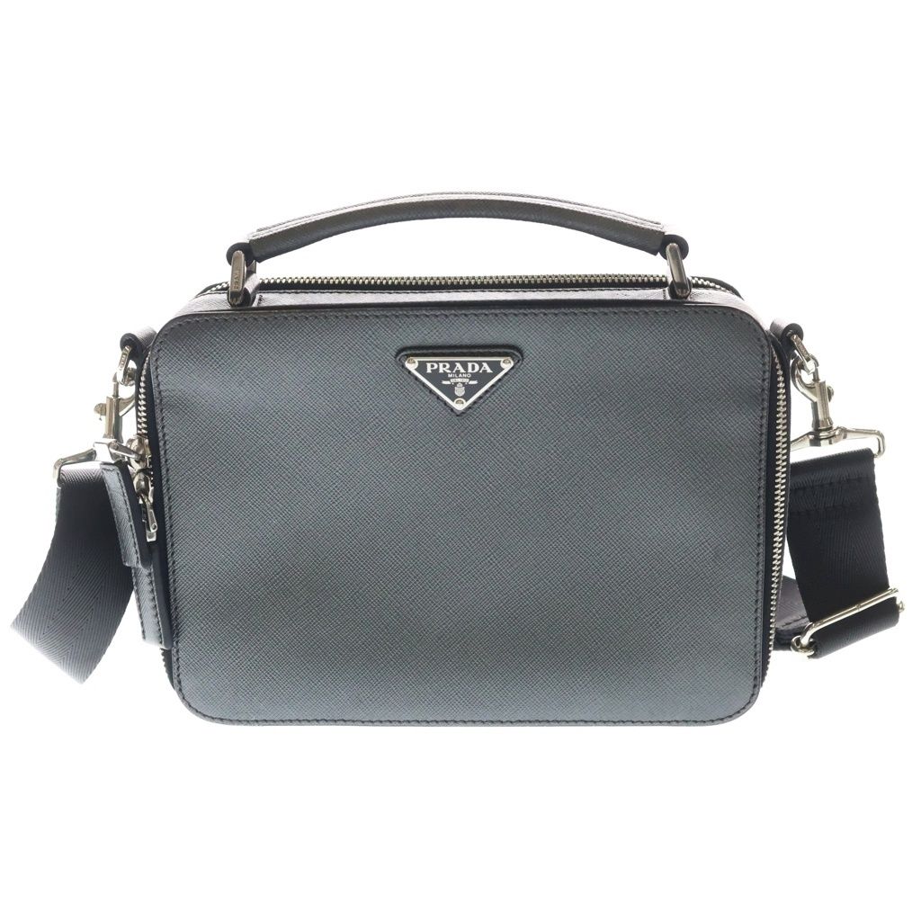 Prada Saffiano 2-Way Shoulder Bag Dark Gray Leather Silver