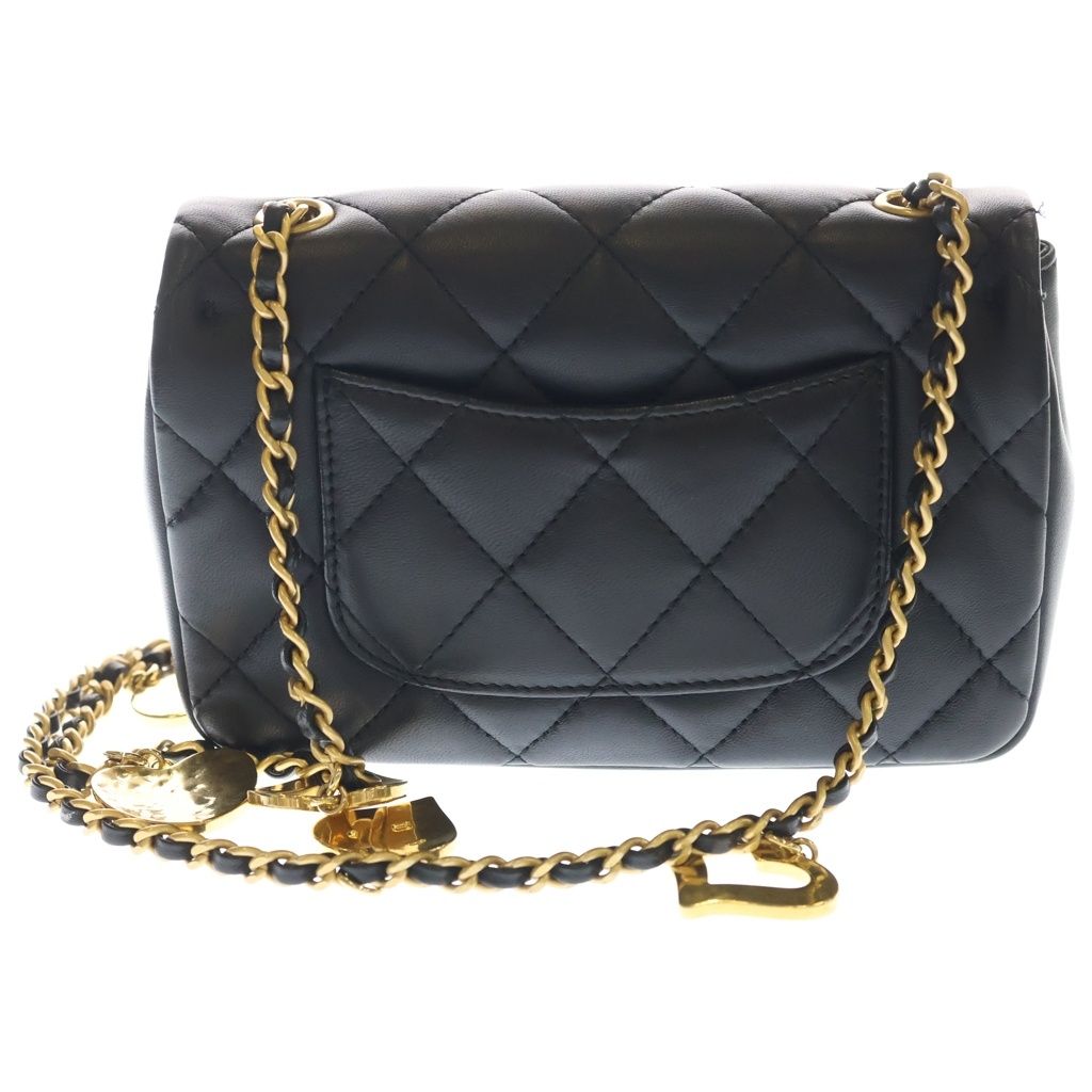 Chanel Mini Quilted CC Logo Heart Charm Chain Shoulder Bag Gold Lambskin Black