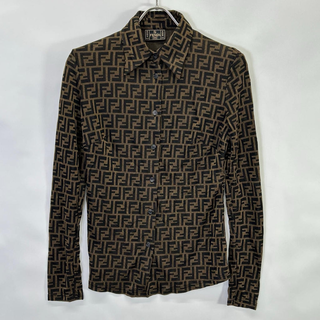 Fendi 10 Brown Zucca Pattern Long Sleeve Shirt 36