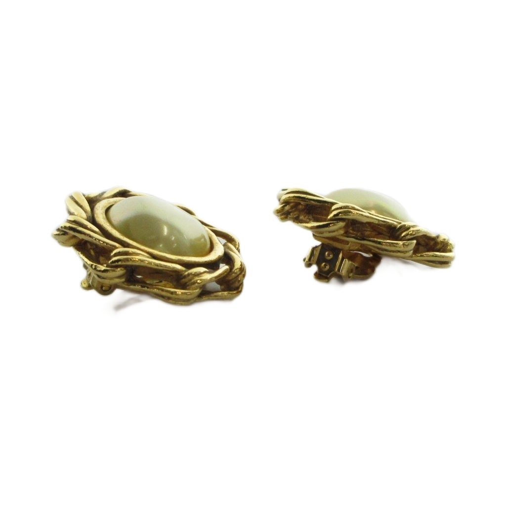 Chanel Earrings Clip on Logo Faux Pearl Gold