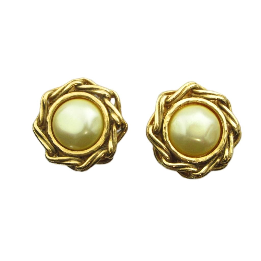 Chanel Earrings Clip on Logo Faux Pearl Gold