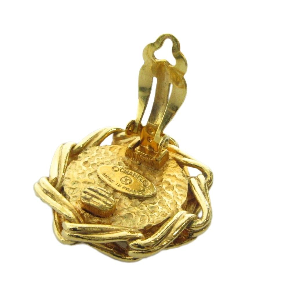 Chanel Earrings Clip on Logo Faux Pearl Gold