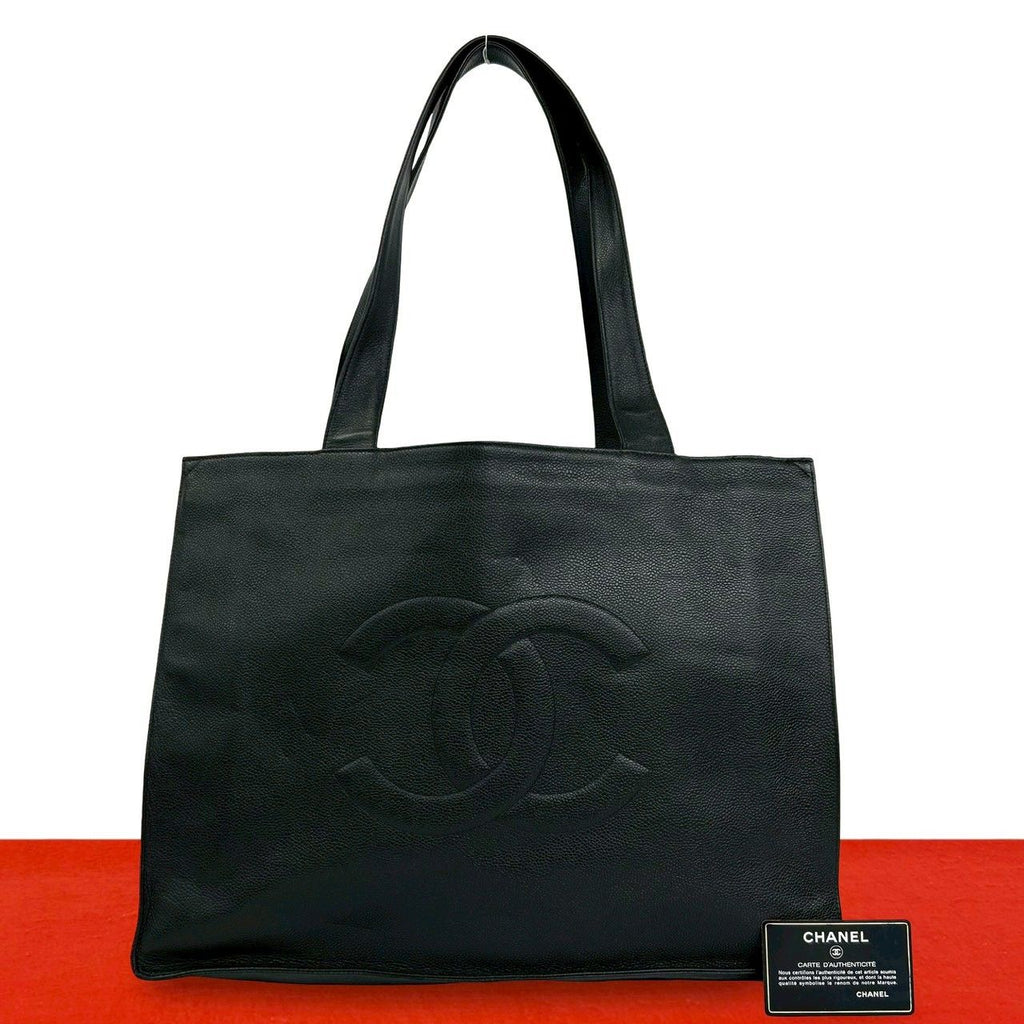 Chanel Card Jumbo CC Logo Caviar Leather Tote Shoulder Bag Black