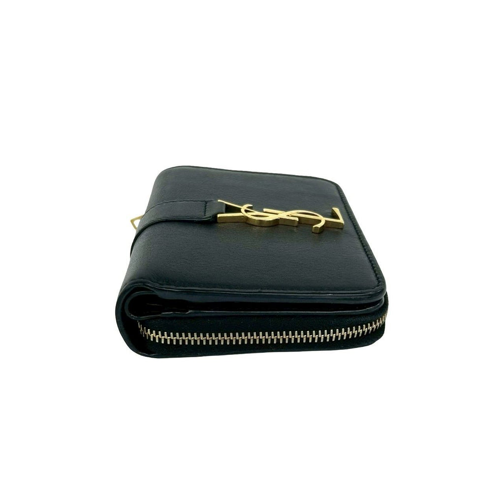 Saint Laurent YSL Cassandra Logo Leather Round Zip Bifold Wallet Mini Black