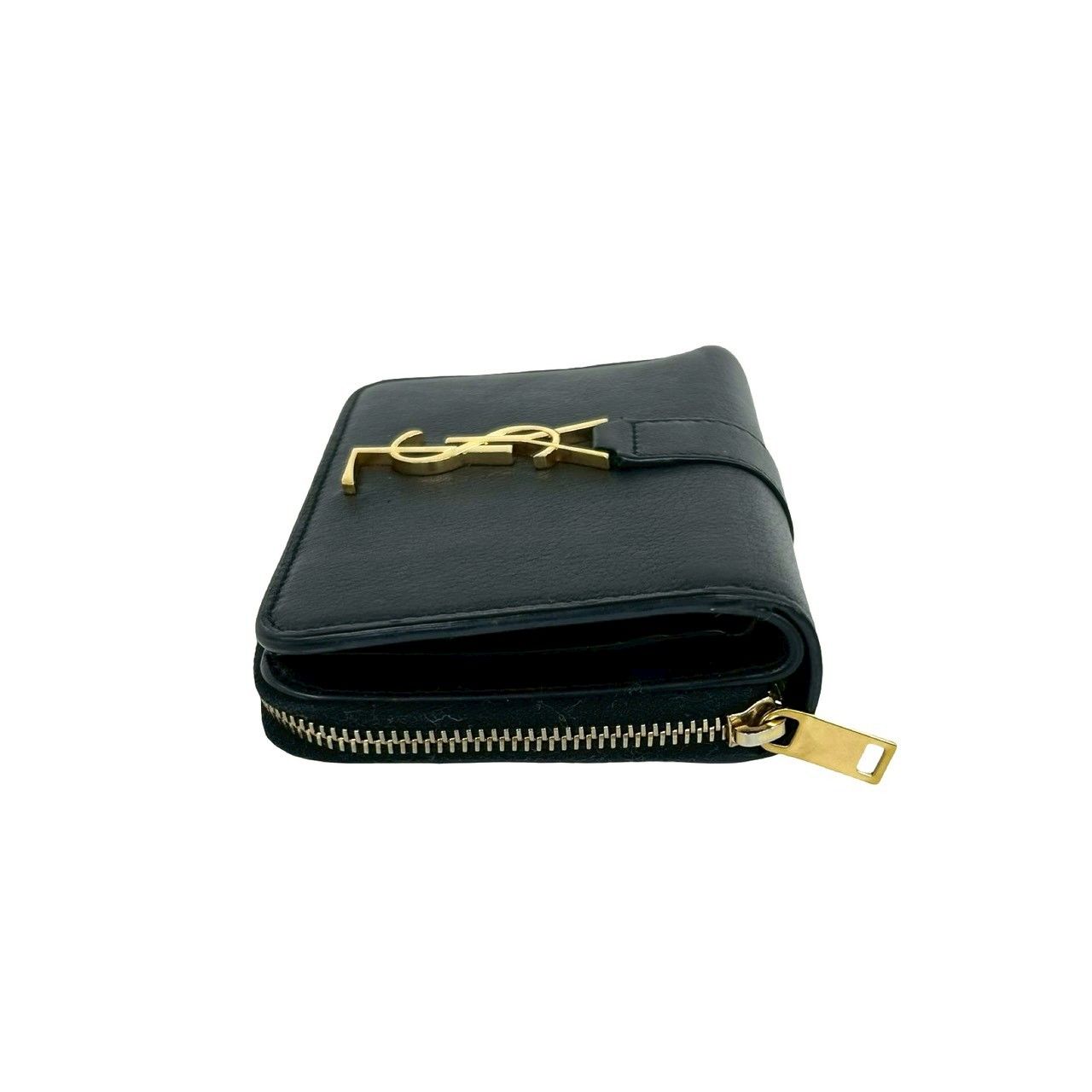 Saint Laurent YSL Cassandra Logo Leather Round Zip Bifold Wallet Mini Black