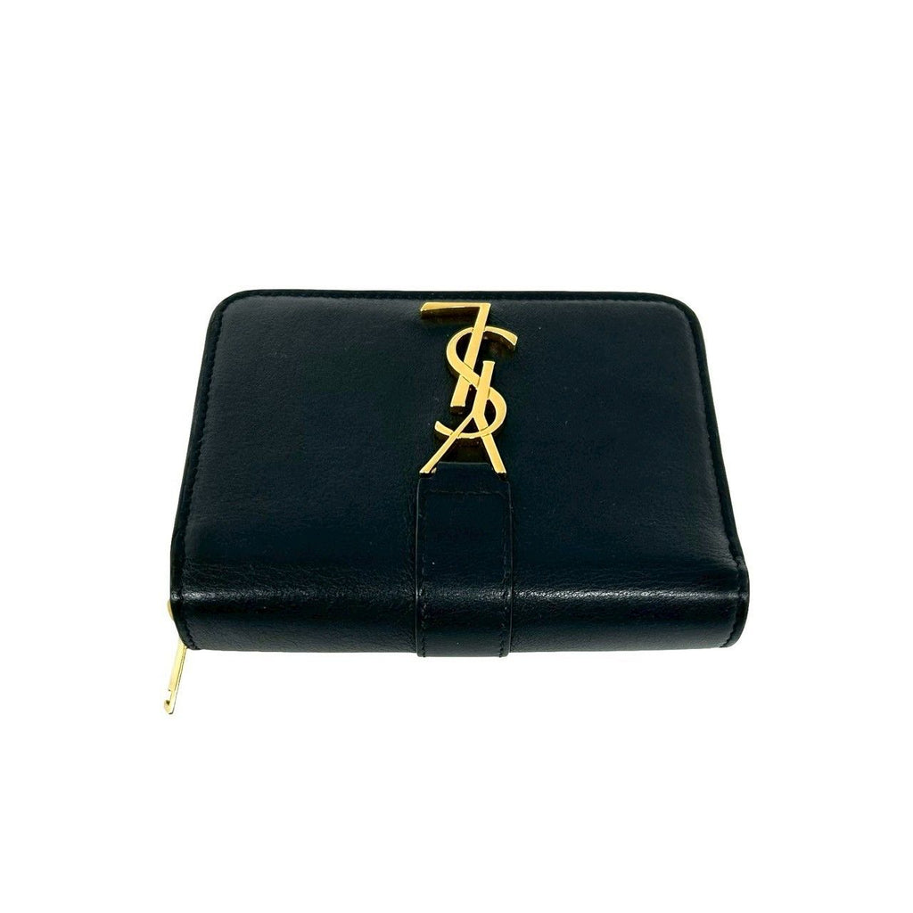 Saint Laurent YSL Cassandra Logo Leather Round Zip Bifold Wallet Mini Black