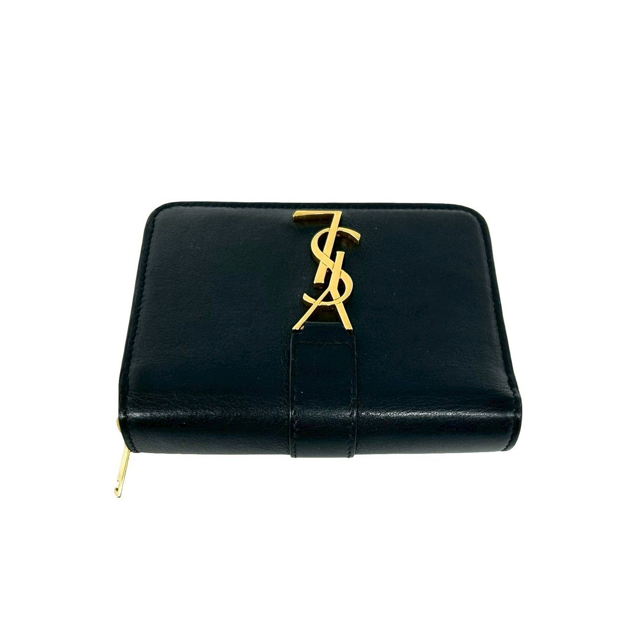 Saint Laurent YSL Cassandra Logo Leather Round Zip Bifold Wallet Mini Black
